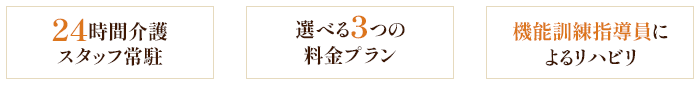 24時間介護スタッフ常駐 選べる3つの料金プラン 機能訓練指導員によるリハビリ