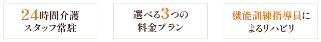 24時間介護スタッフ常駐 選べる3つの料金プラン 機能訓練指導員によるリハビリ