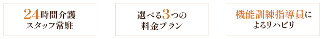 24時間介護スタッフ常駐 選べる3つの料金プラン 機能訓練指導員によるリハビリ