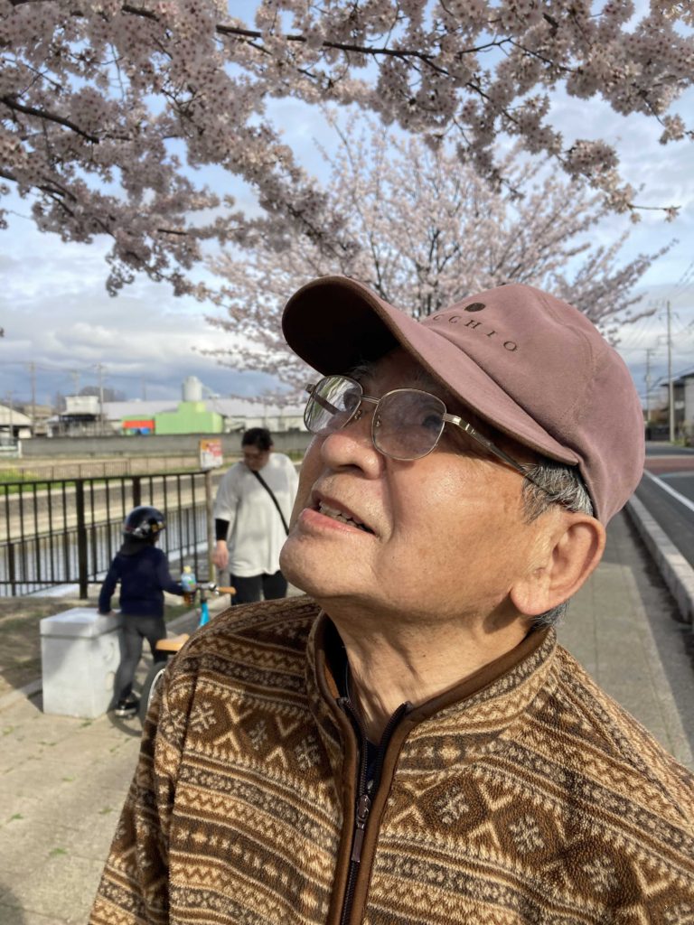 桜を見上げる男性