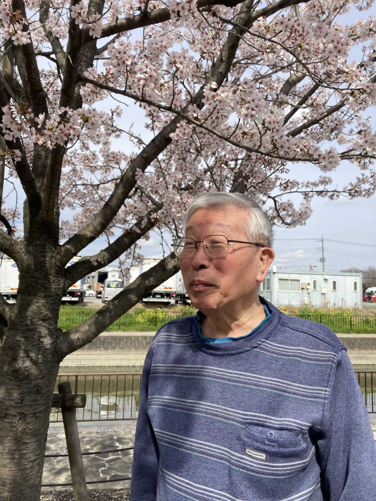 桜と男性