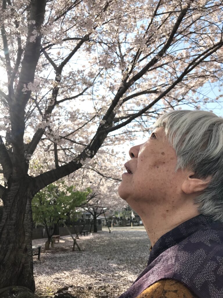 桜を見上げる女性