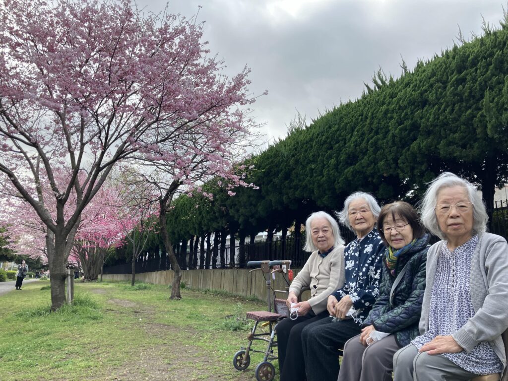 桜と座る女性４人