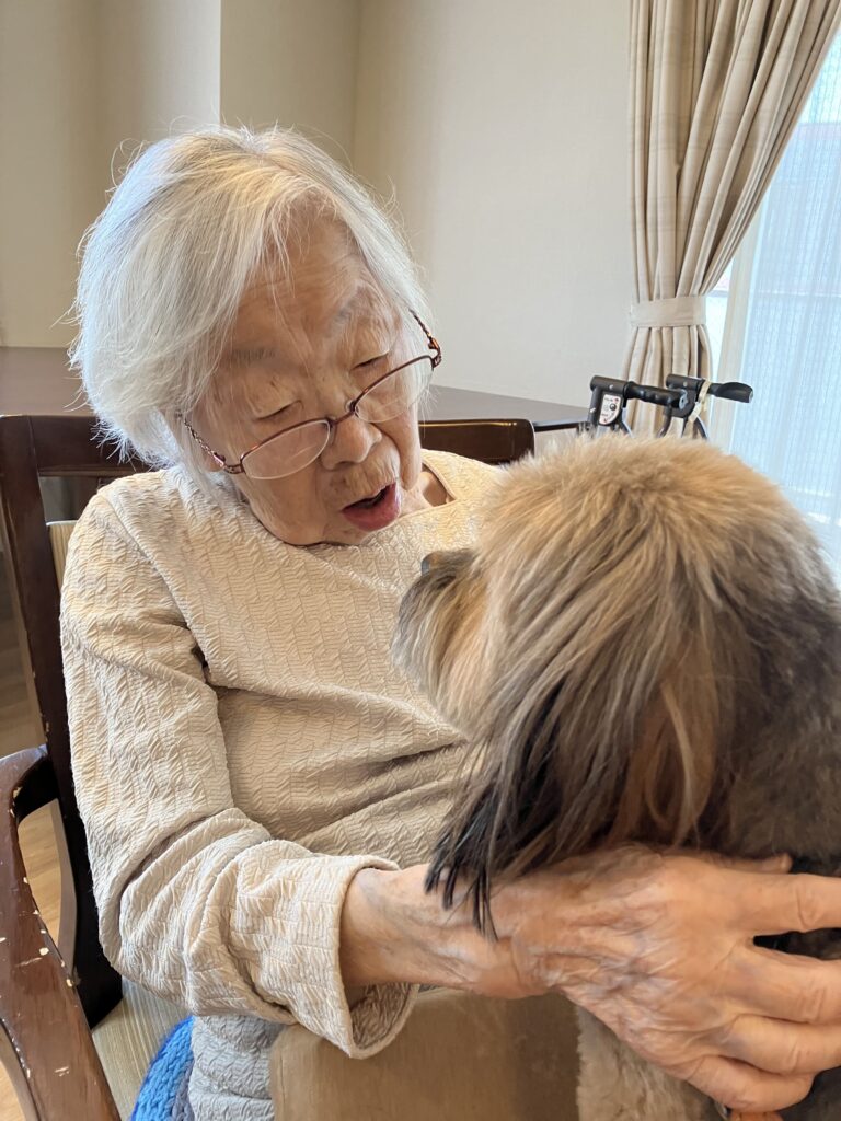 犬と見つめ合う女性