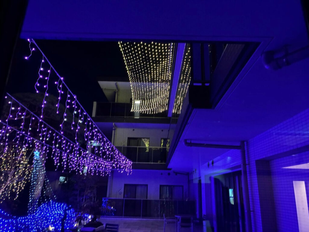 冬のイルミネーションに照らされる中庭