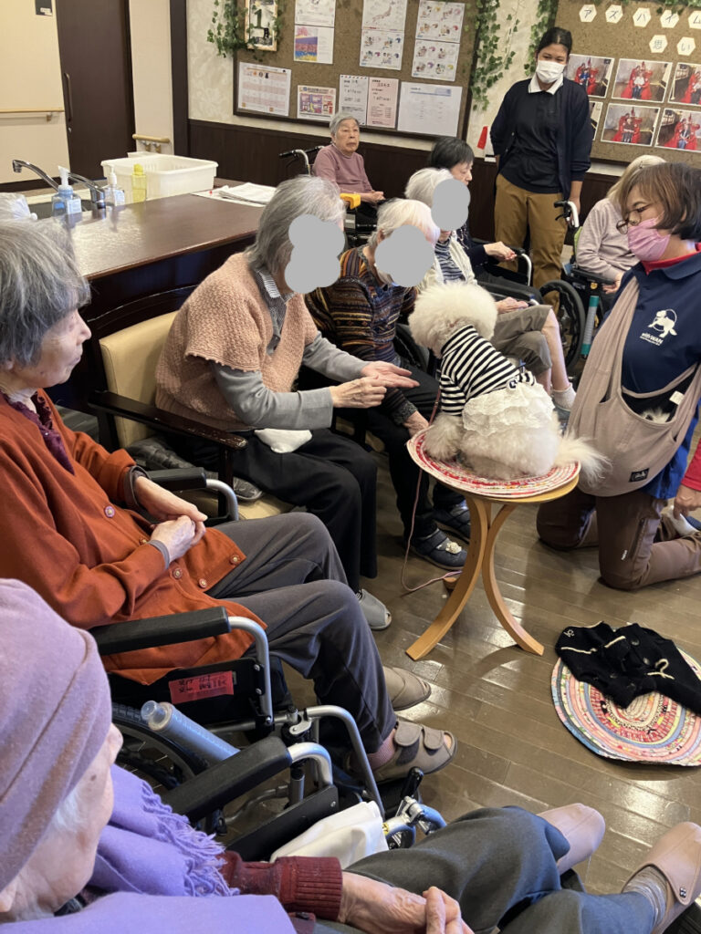 犬に優しく手を差し伸べるご入居者