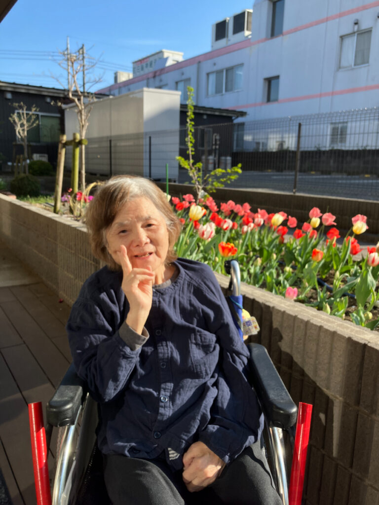 美しく花咲いたチューリップとご入居者
