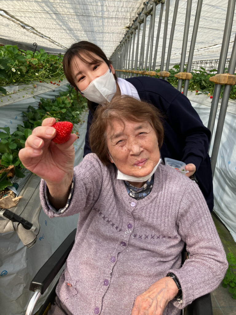 自分で摘んだいちごを楽しむご入居者